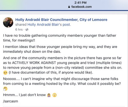 Lemoore City Council puts member's behavior on the next meeting agenda April 17 Holly Blair Facebook post
